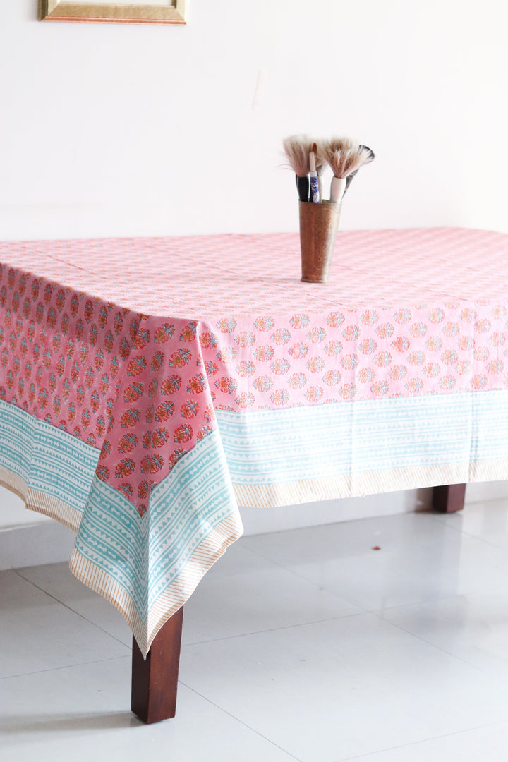 Pink floral tablecloth - 8 seater block print table cloth - 60x120 inches - Rani