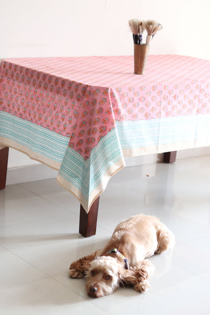 Pink floral tablecloth - 8 seater block print table cloth - 60x120 inches - Rani