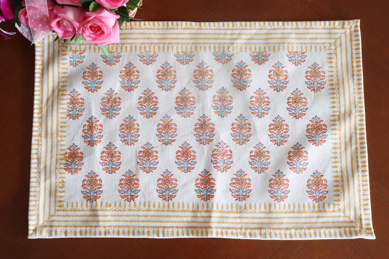 Yellow floral placemats - Block print placemats - Table mats set of 6 - 13x19 inches