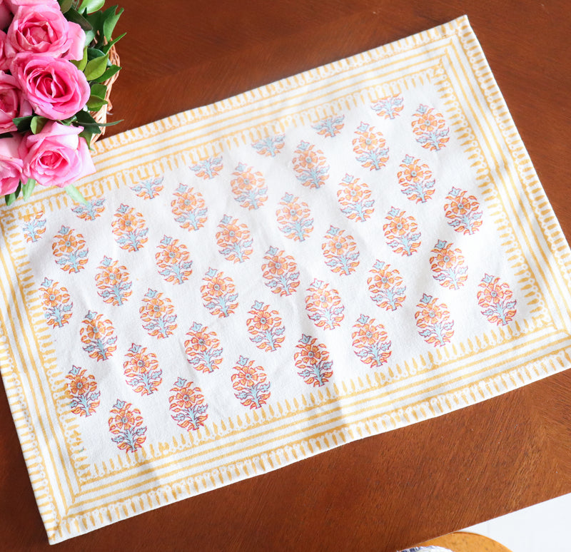 Yellow floral placemats - Block print placemats - Table mats set of 6 - 13x19 inches