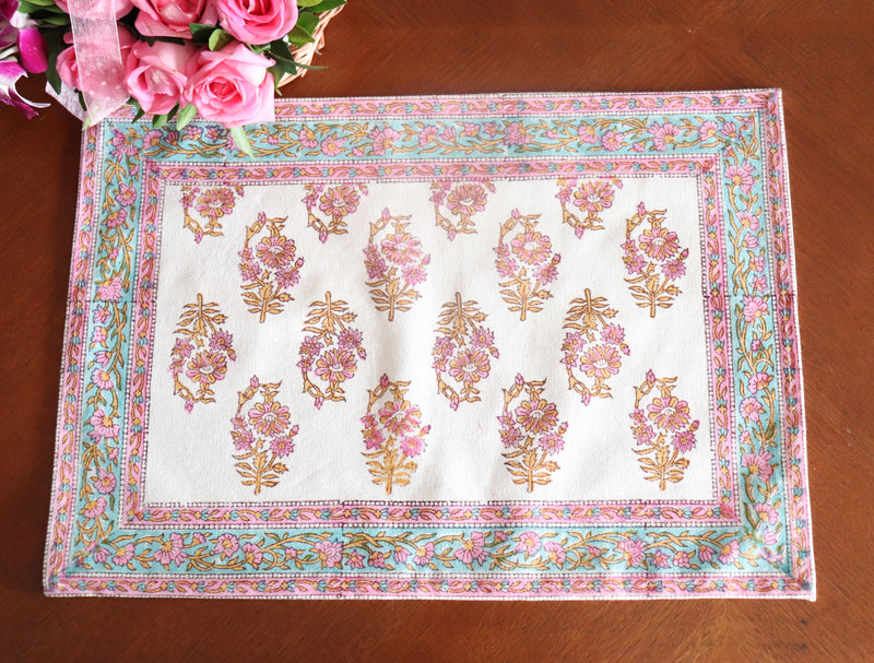 Pink floral placemats - Block print placemats - Table mats set of 6 - 13x19 inches