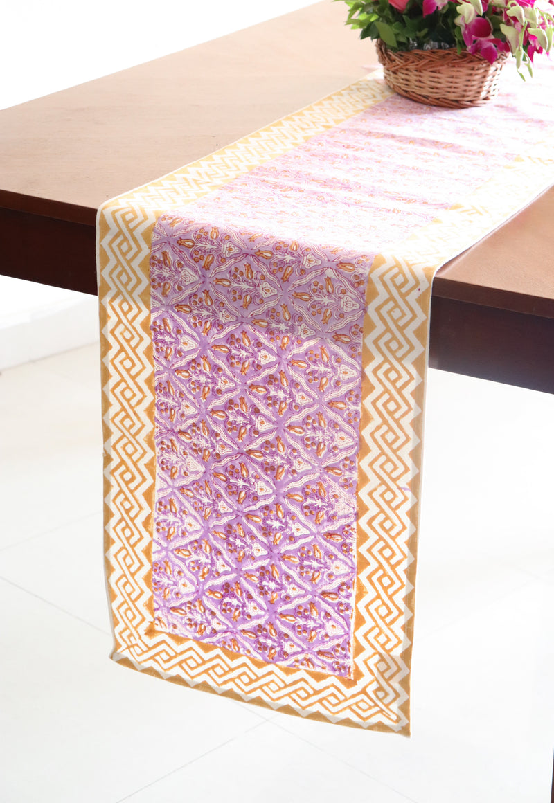 Lilac floral runner - block print table runner - Lilac and yellow table runner - 14x80 inches