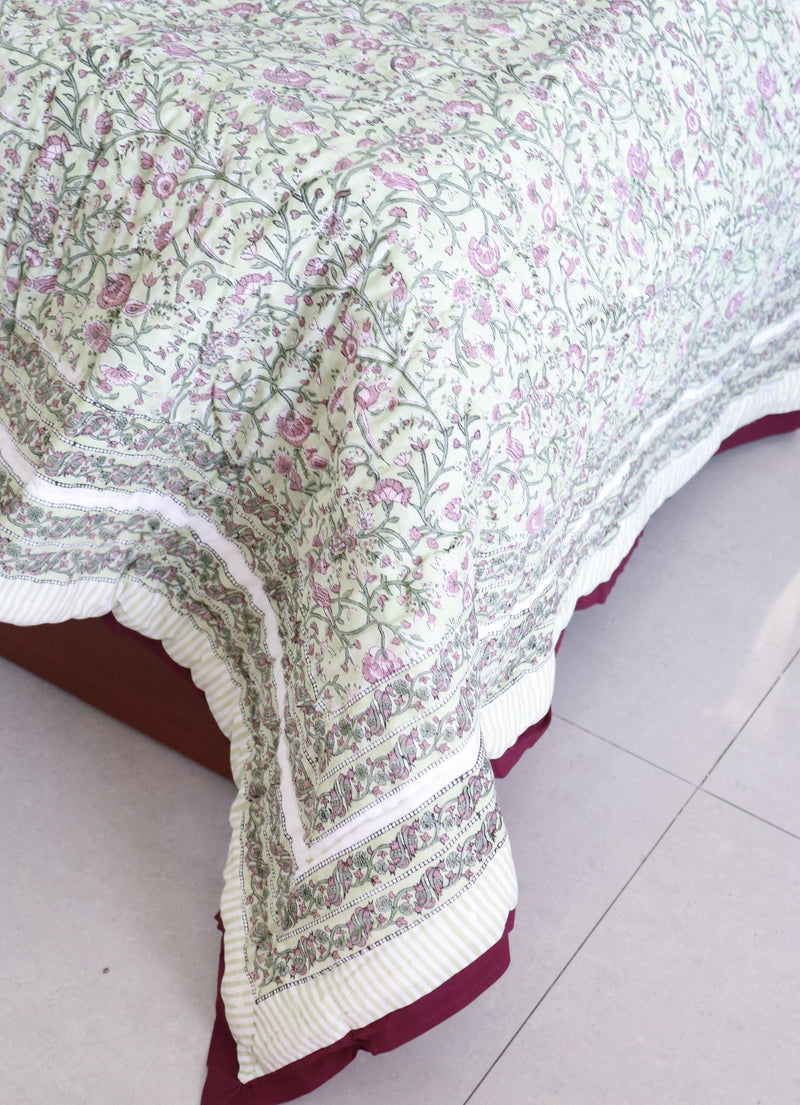 Pre - order - Heavy winter quilt - Bird Block print quilt - Razai for winter - green & lilac - queen and king sizes