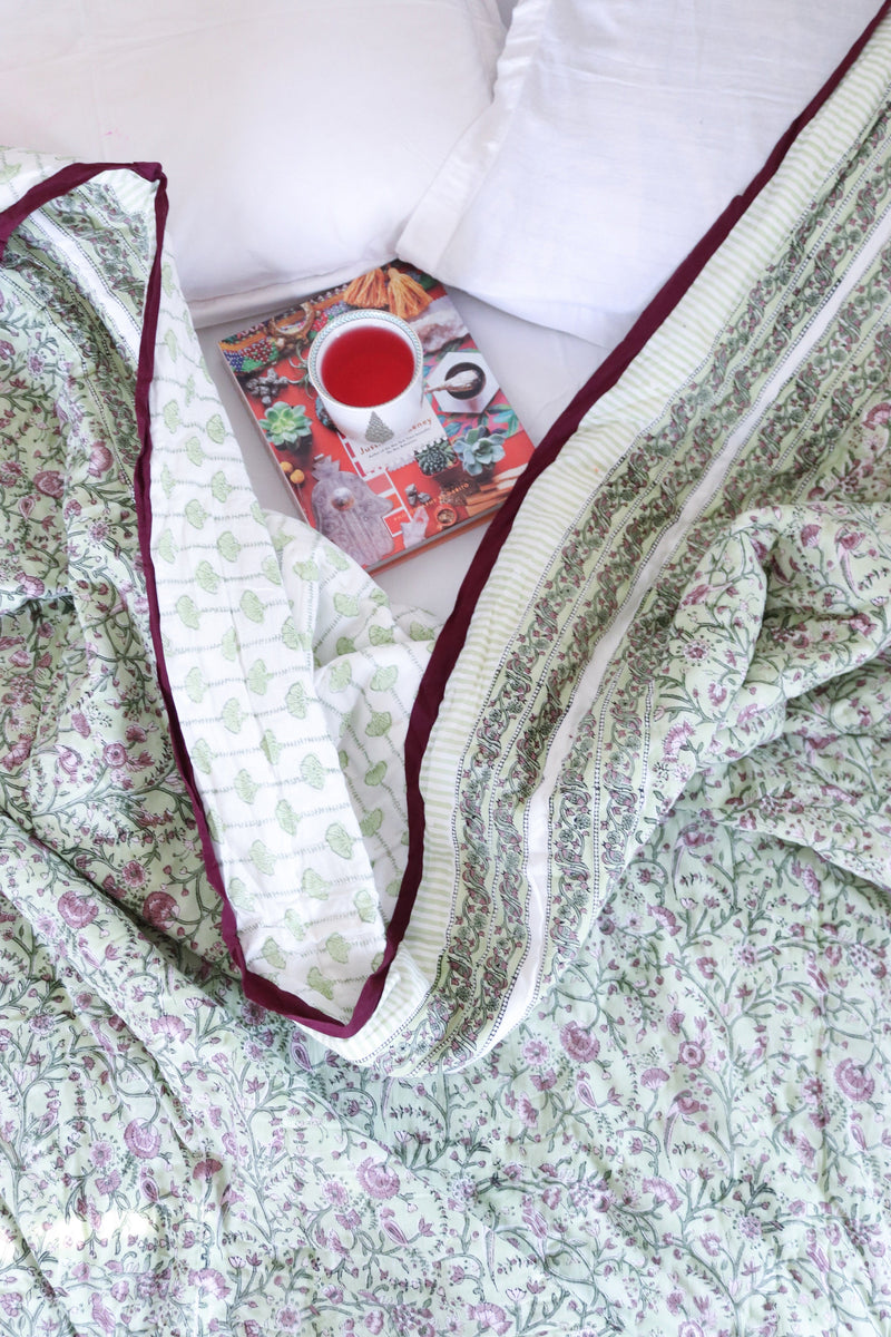 Pre - order - Heavy winter quilt - Bird Block print quilt - Razai for winter - green & lilac - queen and king sizes