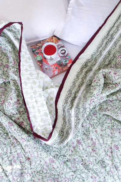 Bird Block print quilt - Rainforest green quilt