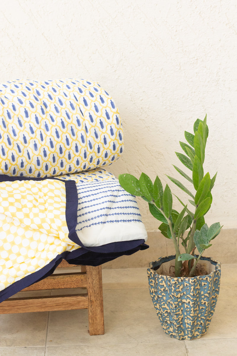Ikat inspired Block print quilt - Blue and yellow AC Quilt