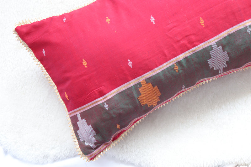 Red and green saree lumbar Festive cushion covers - Decorative cushion covers - 12x20 inches