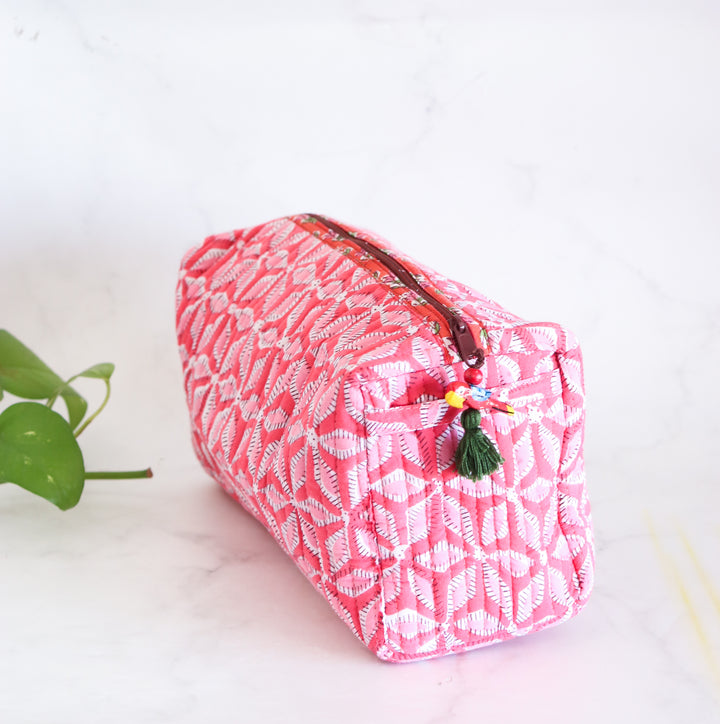 Large Cosmetic bag - Block print fabric travel pouch