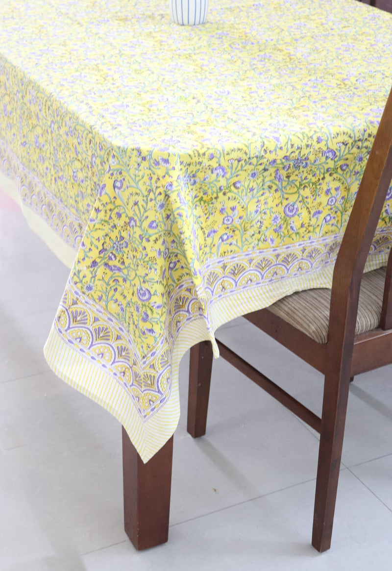 Yellow bird tablecloth - 8 seater block print table cloth - Bright yellow table cover - 60x120 inches