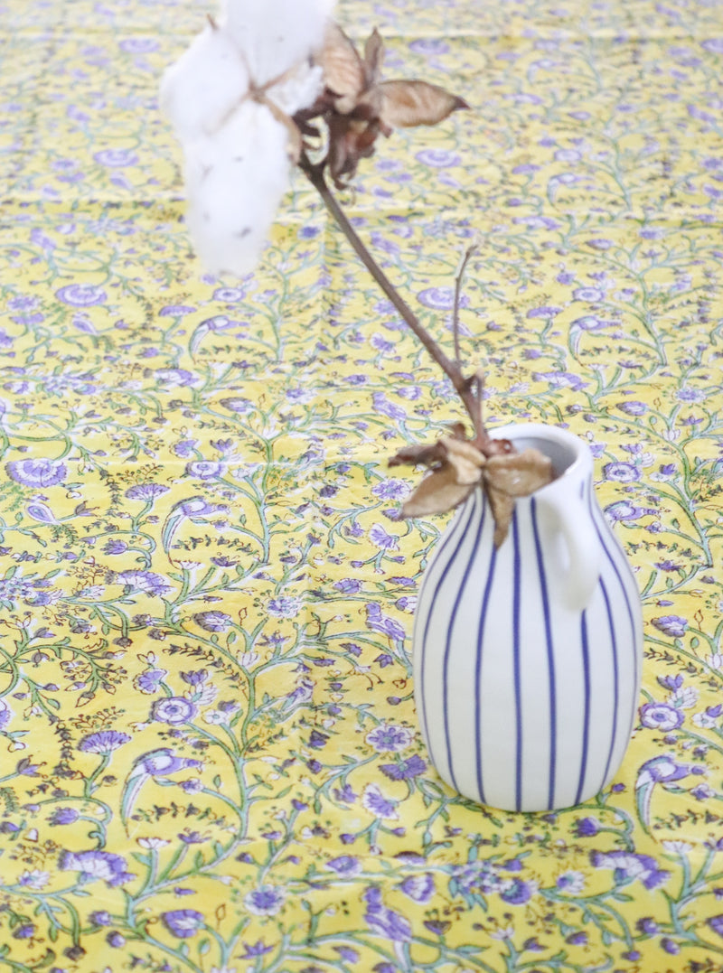 Yellow bird tablecloth - 8 seater block print table cloth - Bright yellow table cover - 60x120 inches
