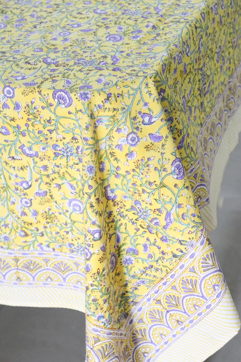 Yellow bird tablecloth - 8 seater block print table cloth - Bright yellow table cover - 60x120 inches