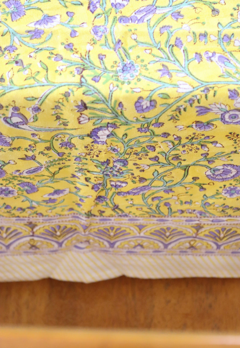 Yellow bird tablecloth - 8 seater block print table cloth - Bright yellow table cover - 60x120 inches