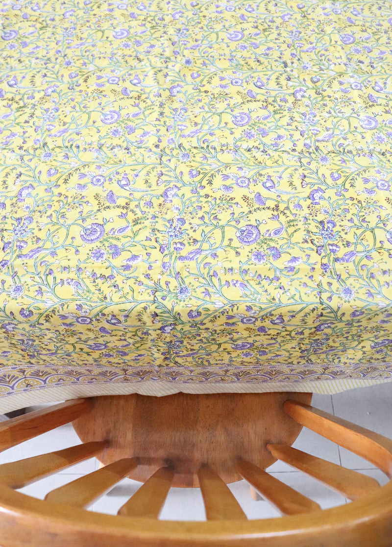 Yellow bird tablecloth - 8 seater block print table cloth - Bright yellow table cover - 60x120 inches