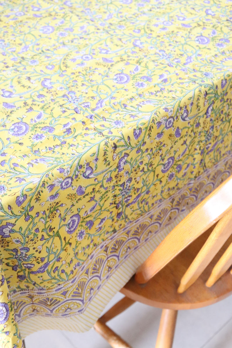 Yellow bird tablecloth - 8 seater block print table cloth - Bright yellow table cover - 60x120 inches