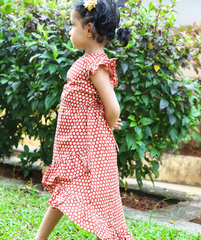 Long Ruffle Cotton Dress - Handblock Rust Polka Dot print
