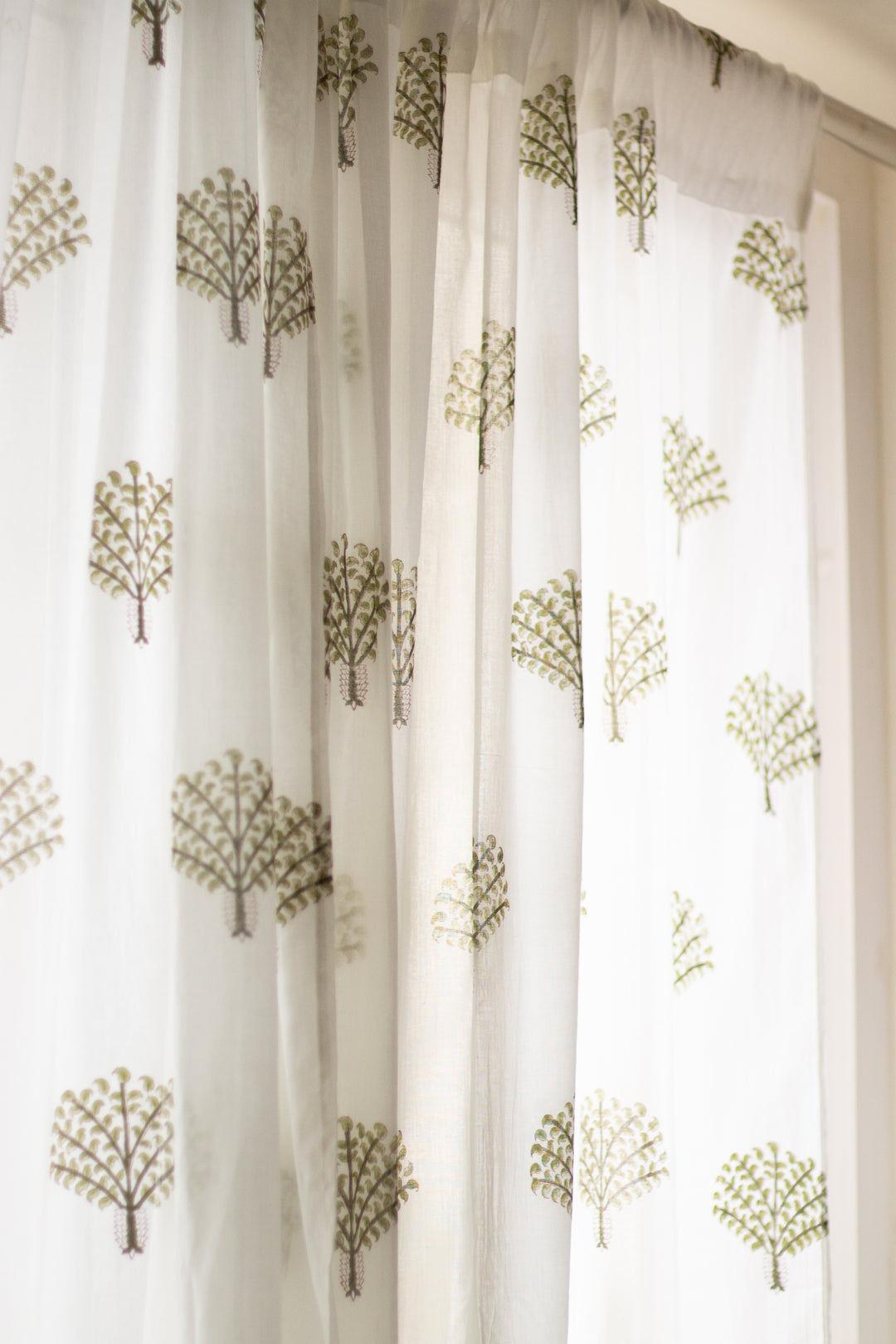 Green banyan tree block print sheer curtain in mulmul cotton
