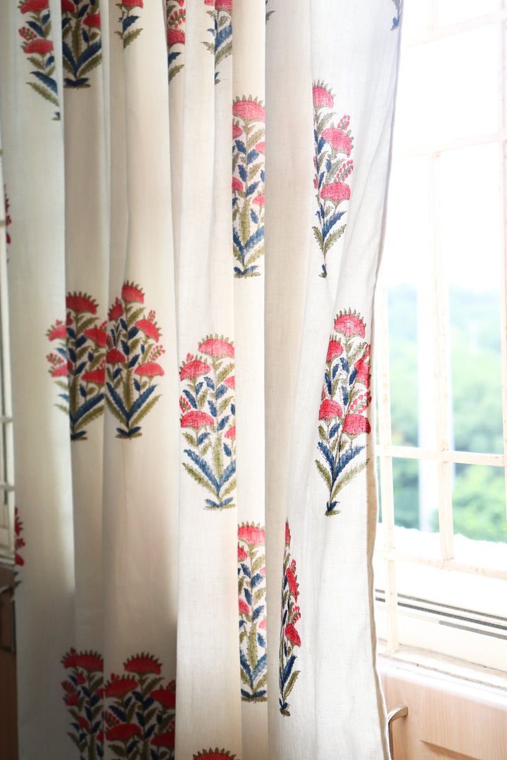 Rose bush block print curtain with cotton lining
