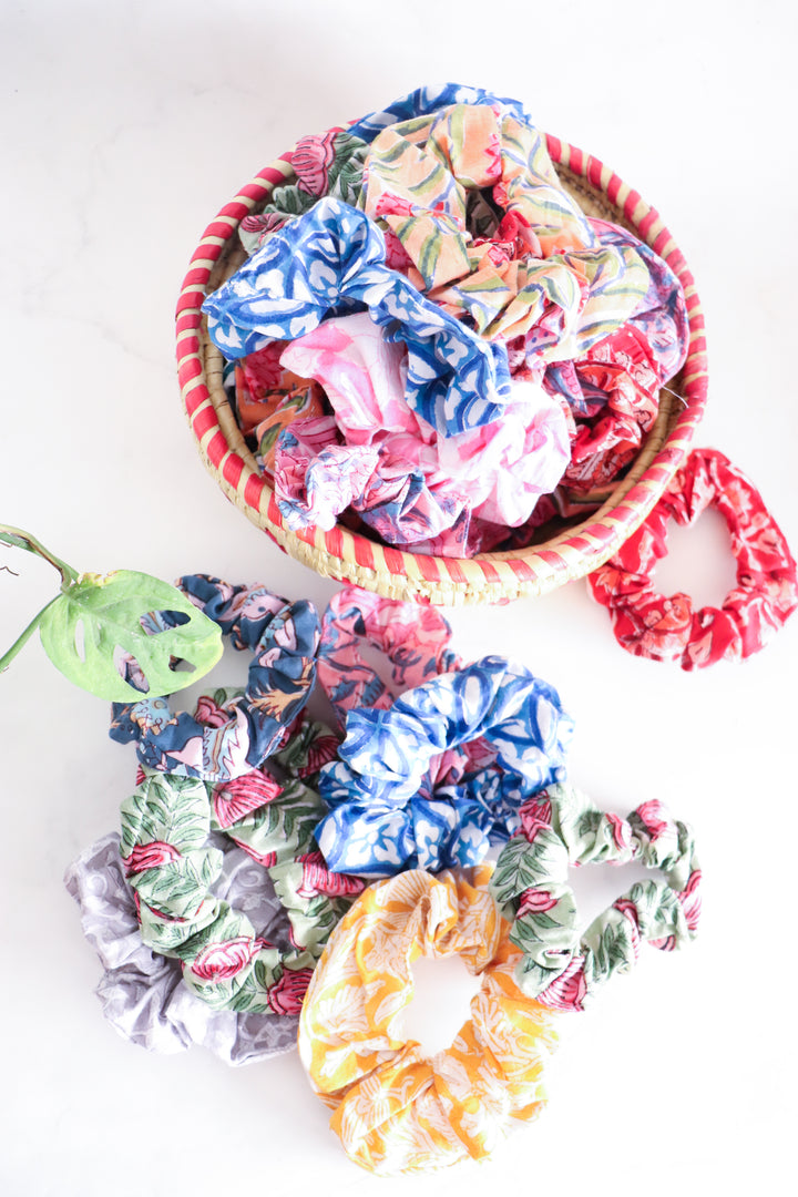Assorted block print cotton scrunchies set
