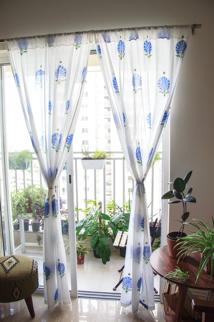 Blue carnations block print sheer curtain in mulmul cotton
