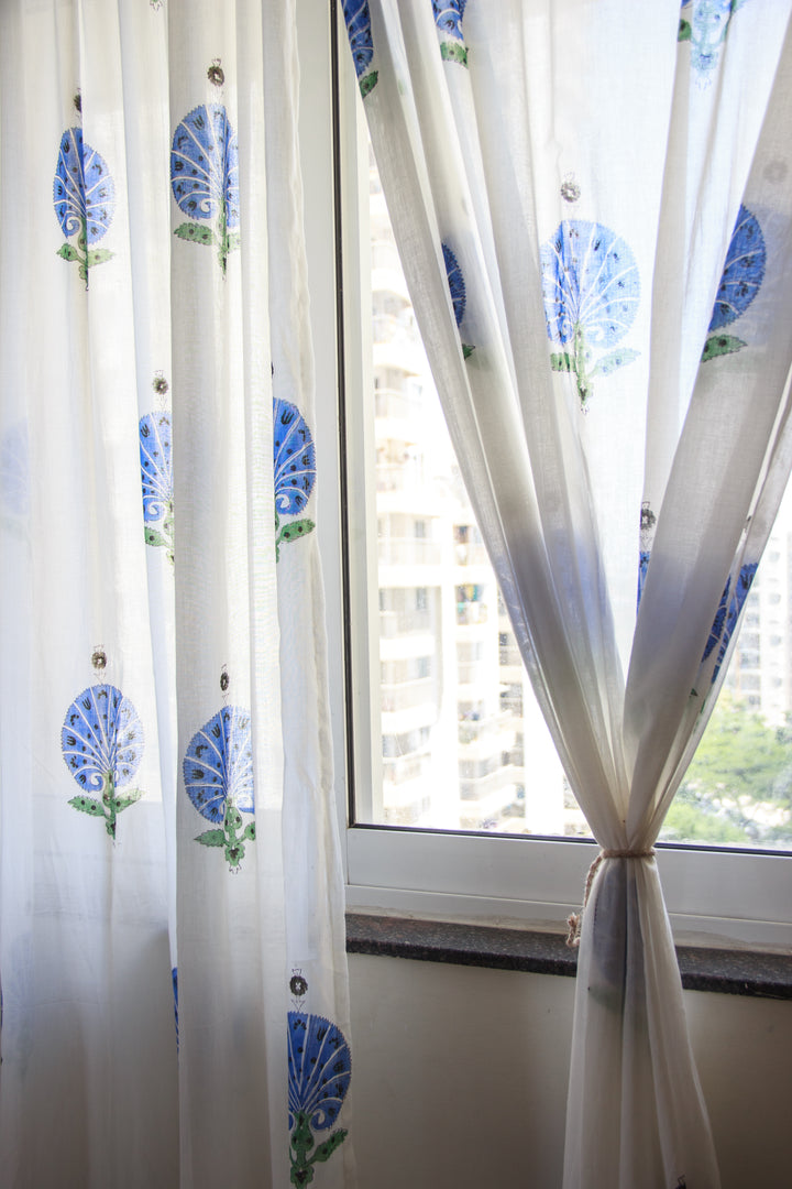 Blue carnations block print sheer curtain in mulmul cotton
