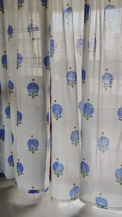 Blue carnations block print sheer curtain in mulmul cotton
