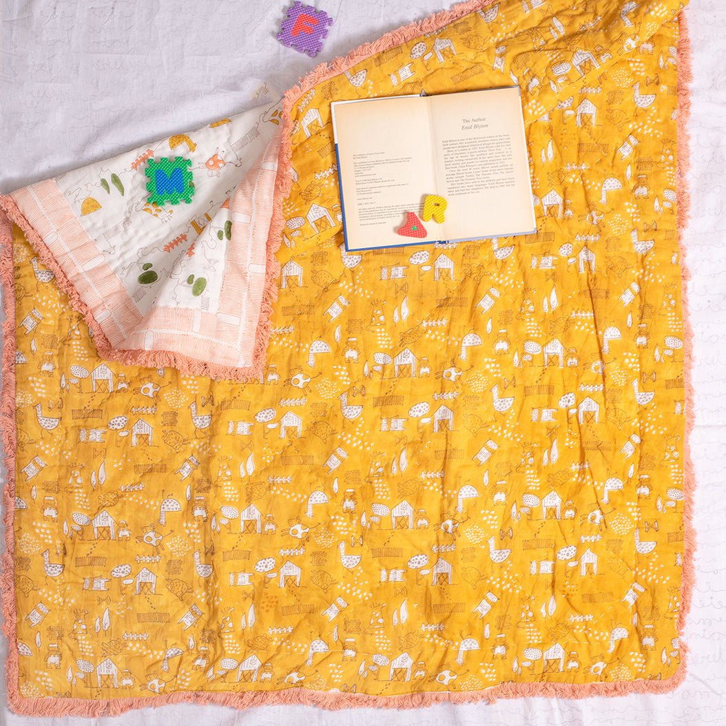 Personalised Old MacDonald farm animal block print baby quilt with name
