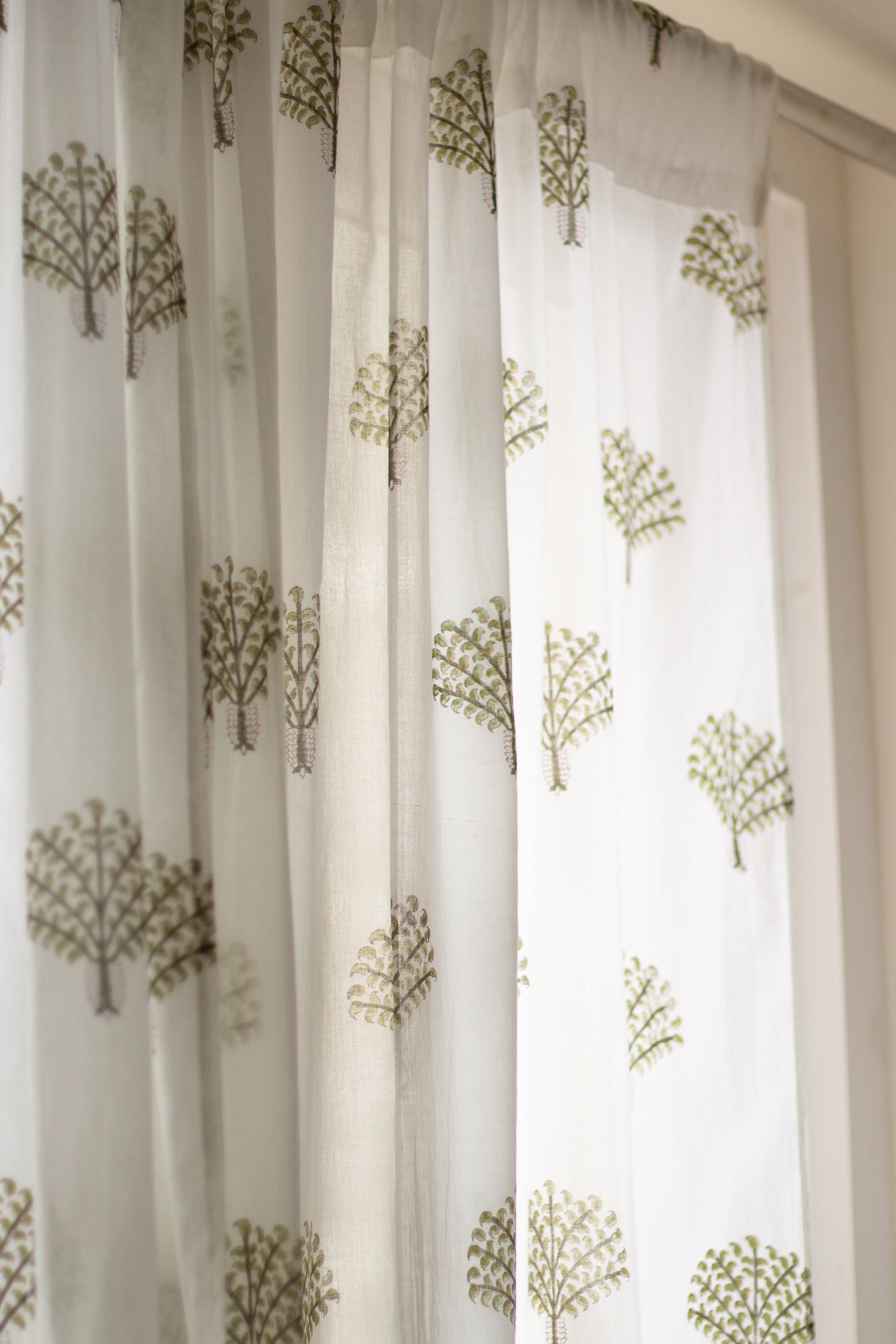 Green banyan tree block print sheer curtain in mulmul cotton
