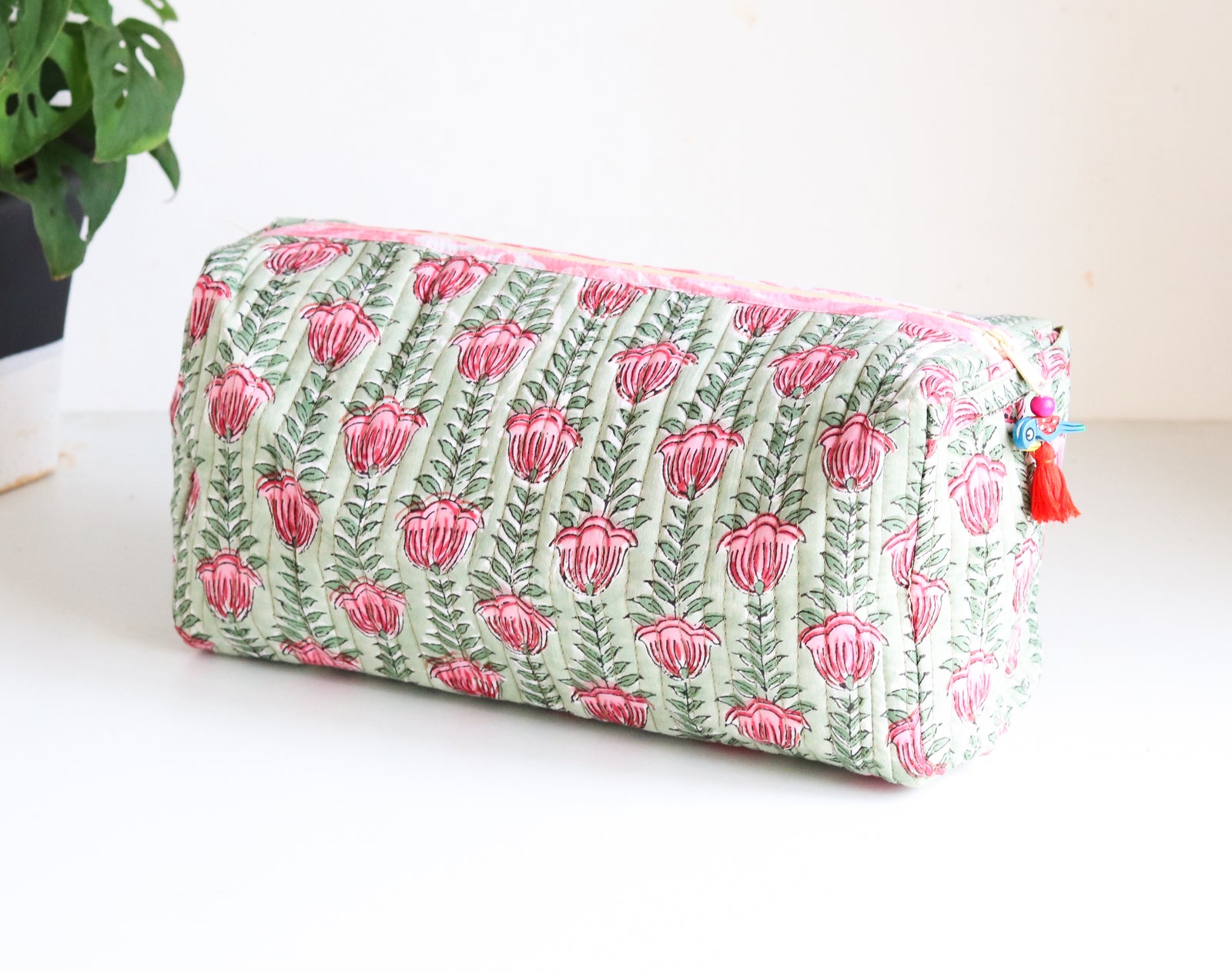 Green floral block print medium cosmetic bag, handmade travel makeup pouch by Kari by Kriti
