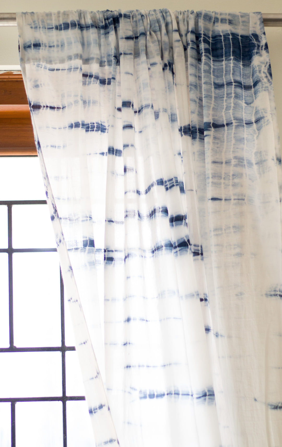 Shibori tie dye sheer curtain in indigo mulmul cotton
