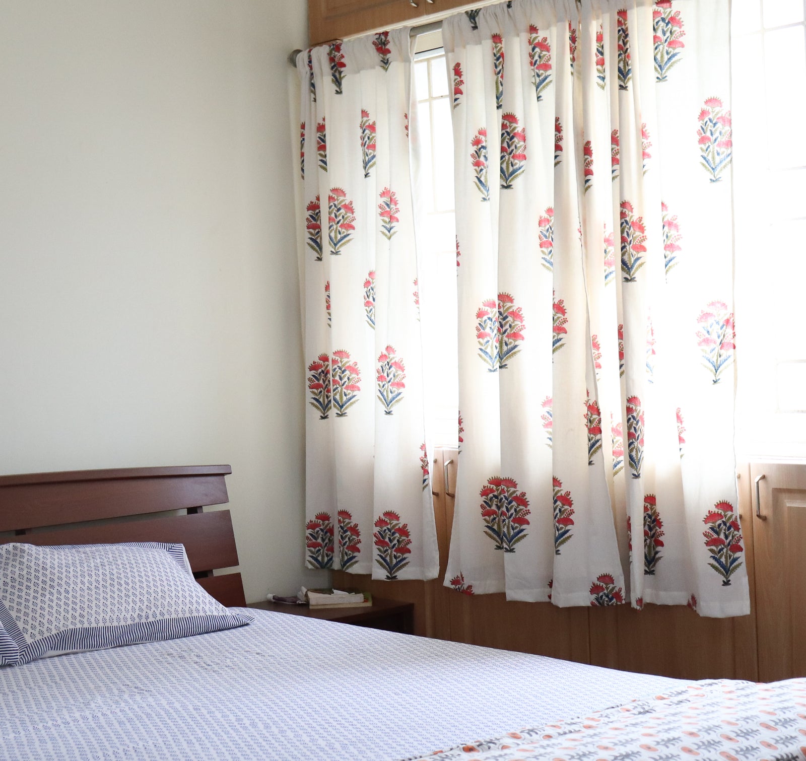 Rose bush block print curtain with cotton lining
