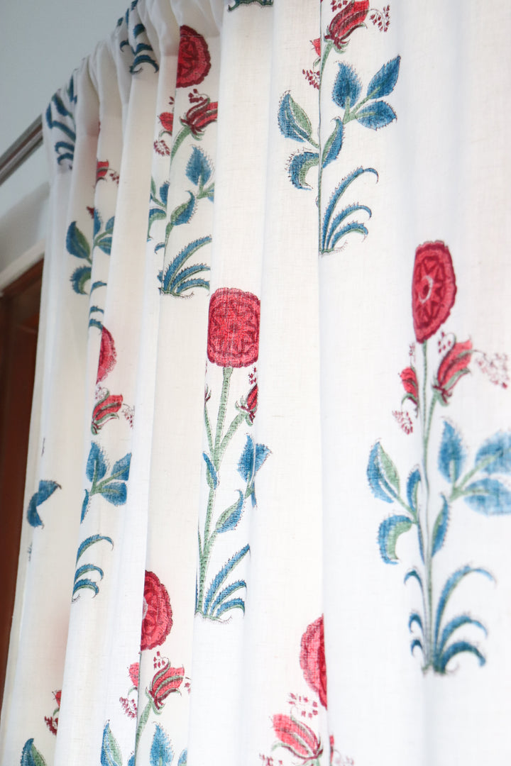 Red boota block print curtain with cotton lining for light blocking
