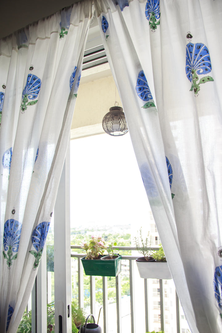 Blue carnations block print sheer curtain in mulmul cotton
