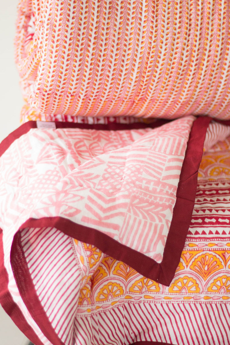 Block print quilt- Red, orange and pink Summer blanket