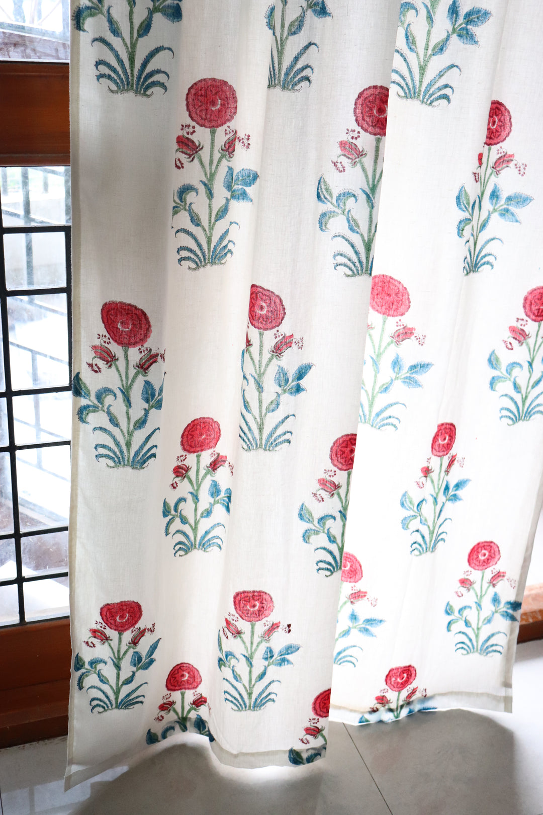Red boota block print curtain with cotton lining for light blocking
