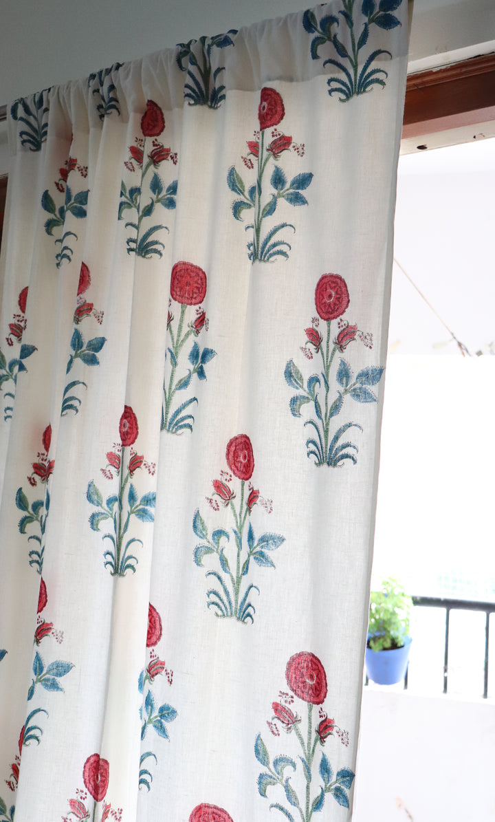 Red boota block print curtain with cotton lining for light blocking
