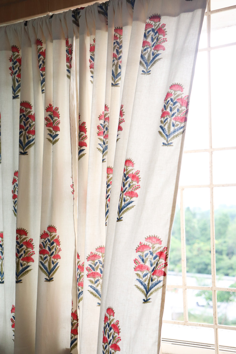 Rose bush block print curtain with cotton lining
