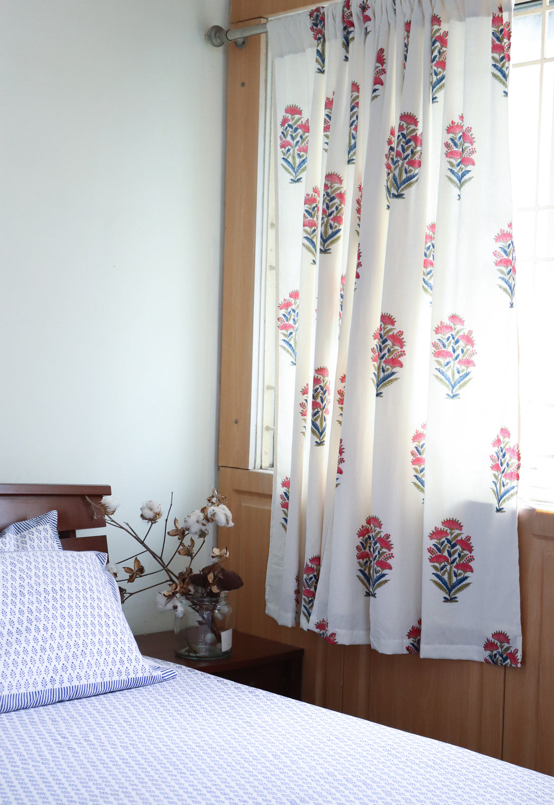 Rose bush block print curtain with cotton lining

