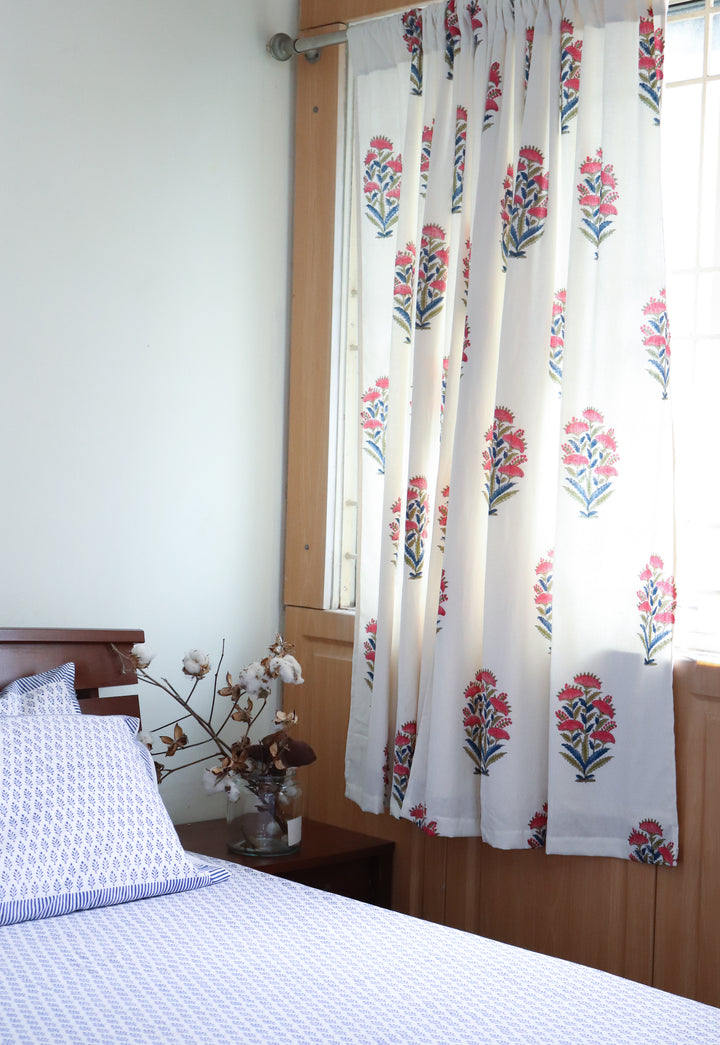 Rose bush block print curtain with cotton lining
