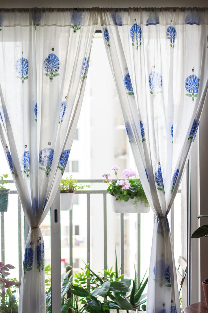 Blue carnations block print sheer curtain in mulmul cotton
