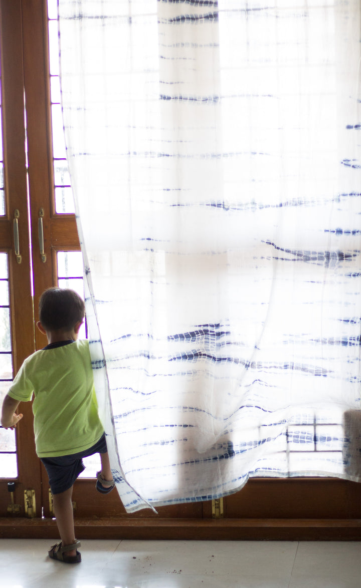 Shibori tie dye sheer curtain in indigo mulmul cotton
