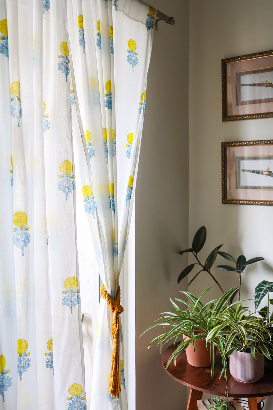Yellow marigold block print sheer curtain in mulmul cotton
