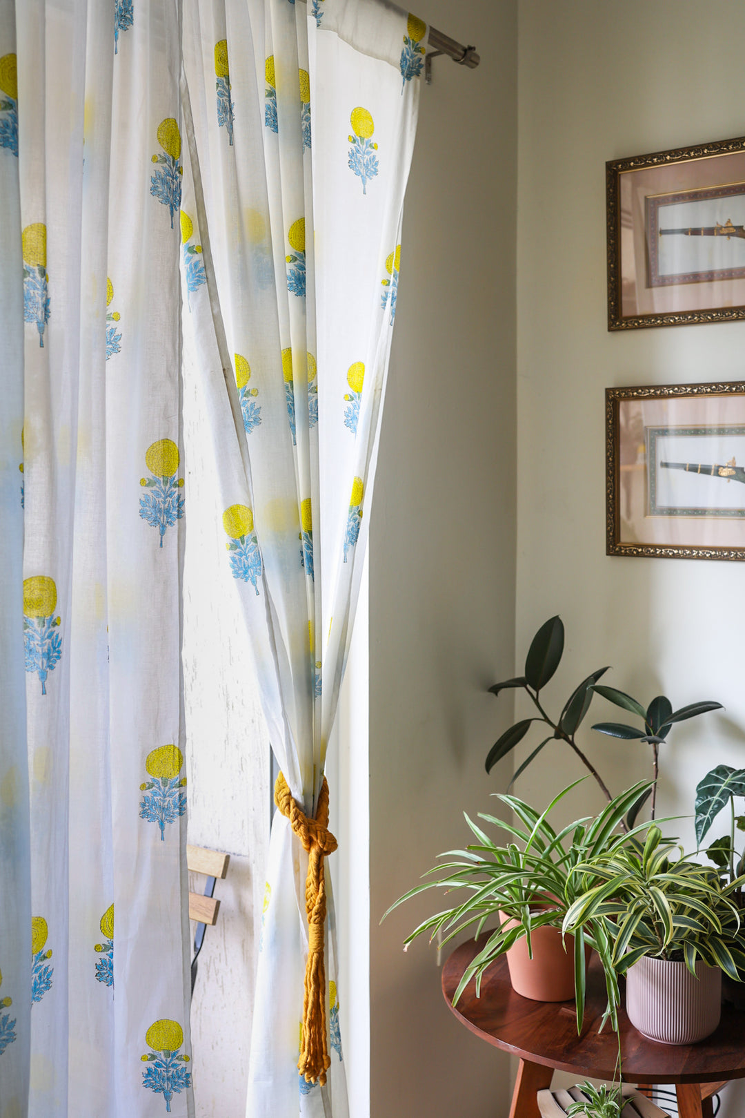 Yellow marigold block print sheer curtain in mulmul cotton

