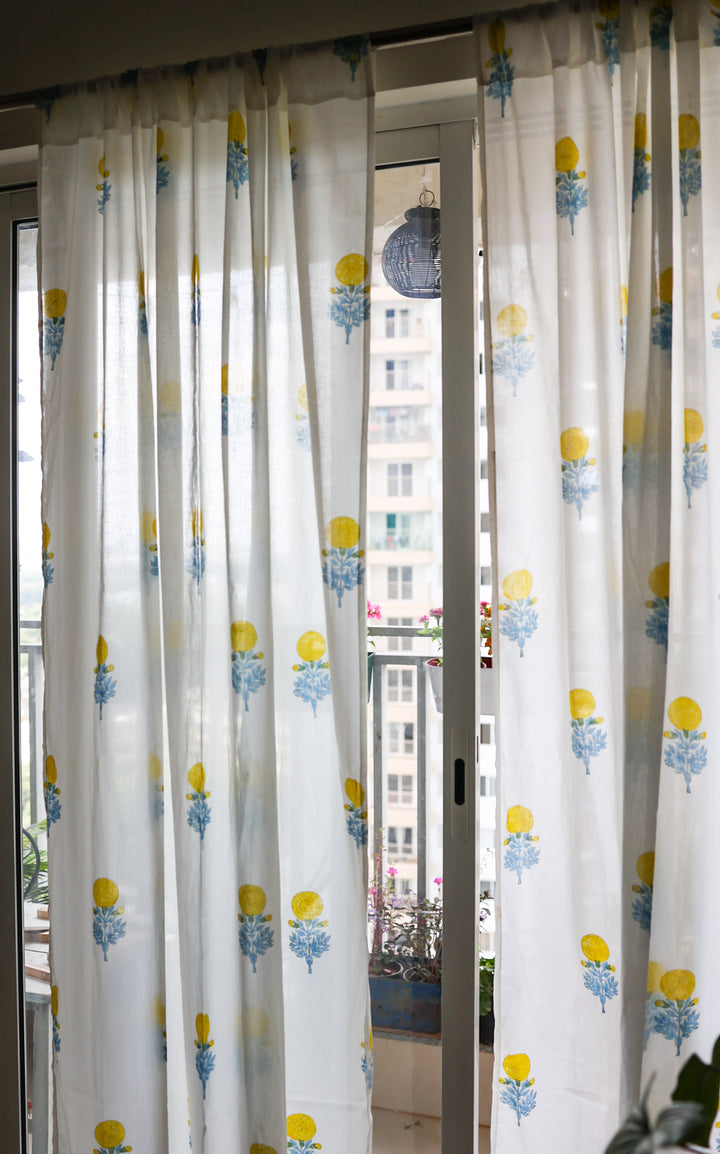 Yellow marigold block print sheer curtain in mulmul cotton
